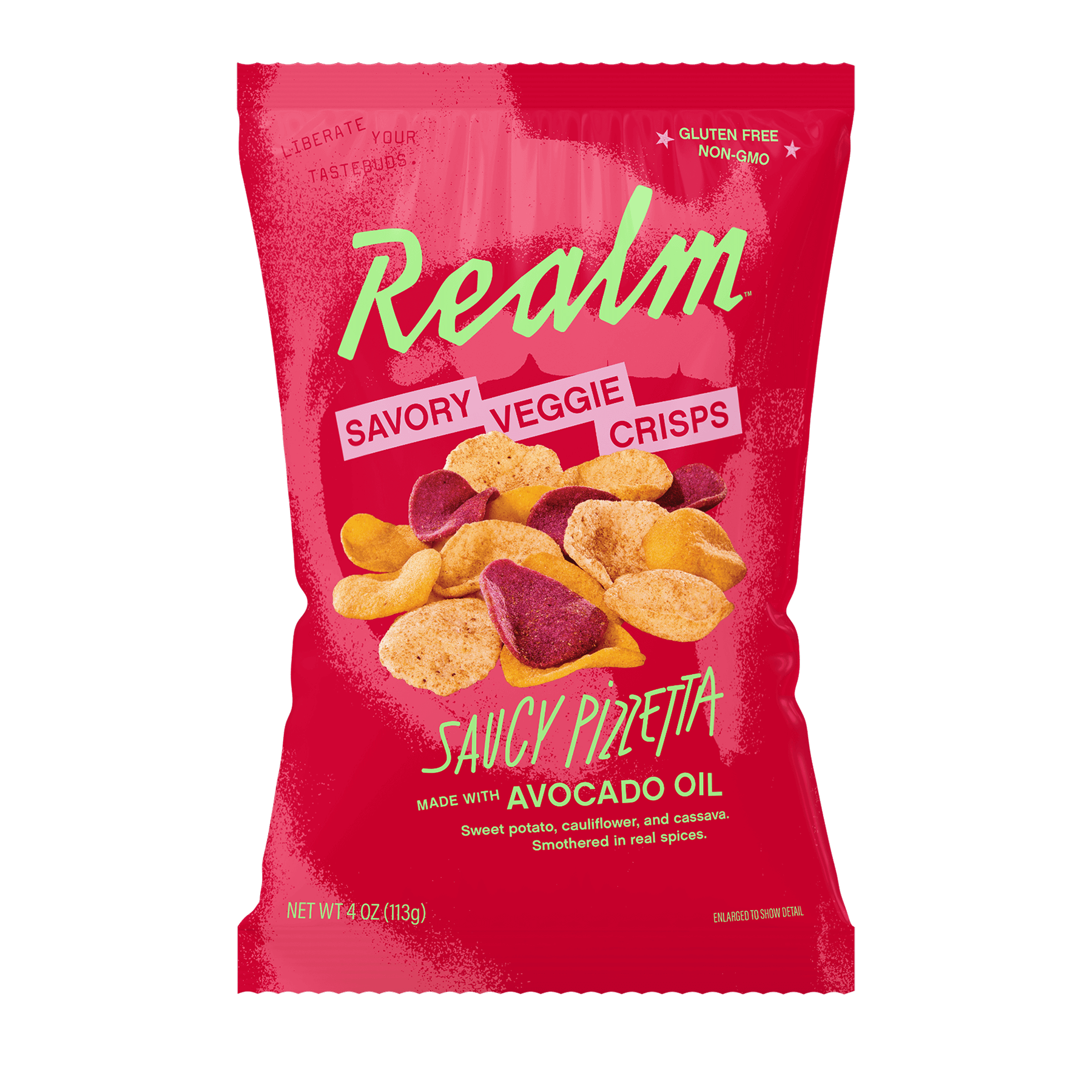 Realm Saucy Pizzetta crisps made with sweet potato, cassava, and avocado oil