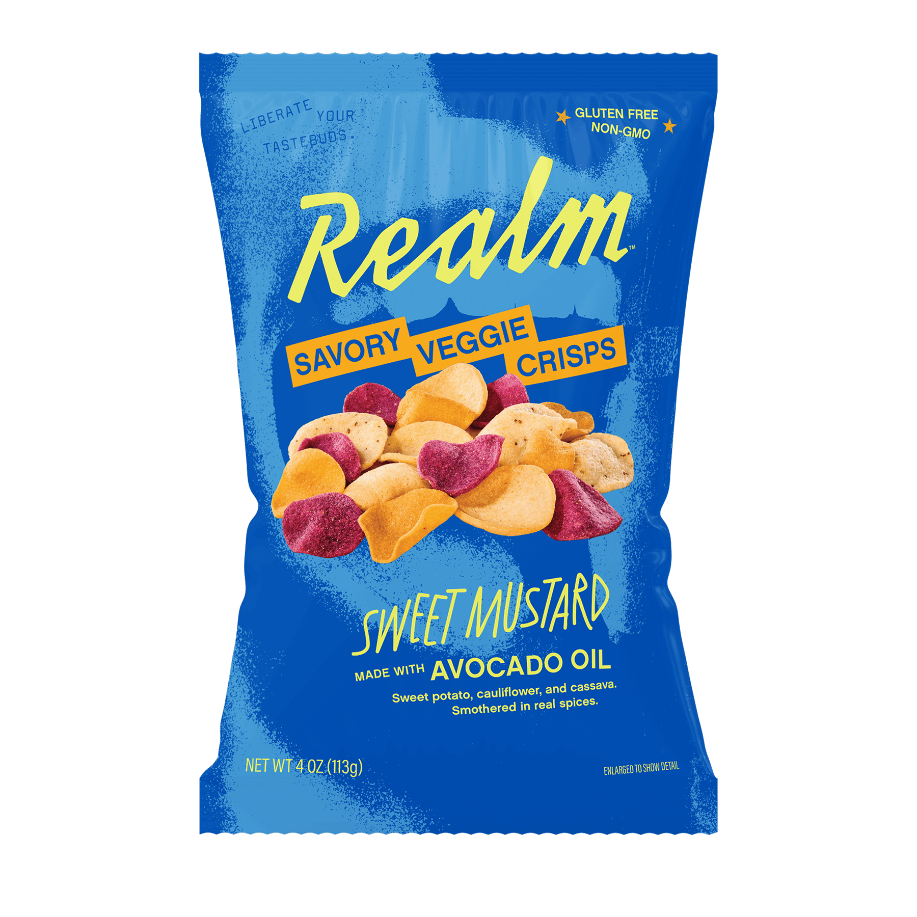 Realm Sweet Mustard savory veggie crisps bag with real vegetable crisps made in avocado oil
