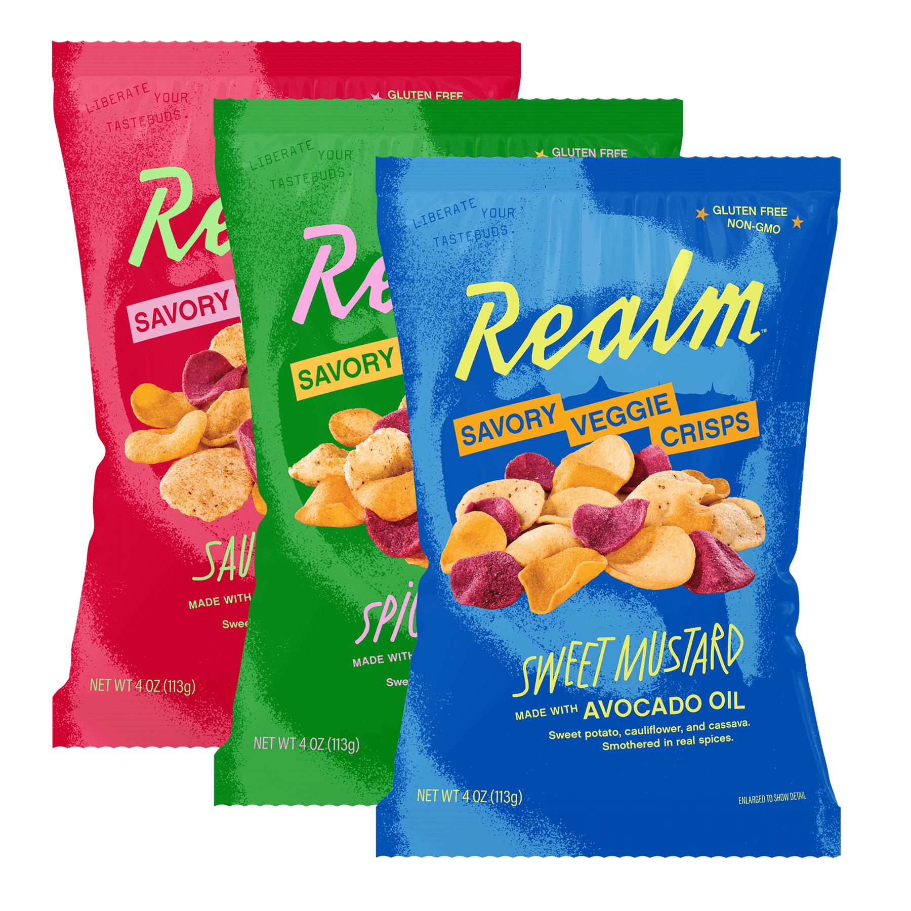 Realm Variety Pack of bold savory veggie crisps in Sweet Mustard, Spicy Chipotle, and Saucy Pizzetta